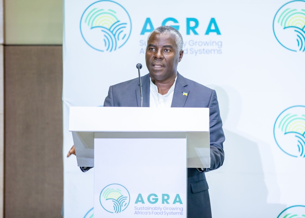 AGRA Rwanda Country Manager, Jean Pierre Ndagijimana, gives a presentation on the new five-year Rwanda country strategy, during its launch on August 14, 2023,