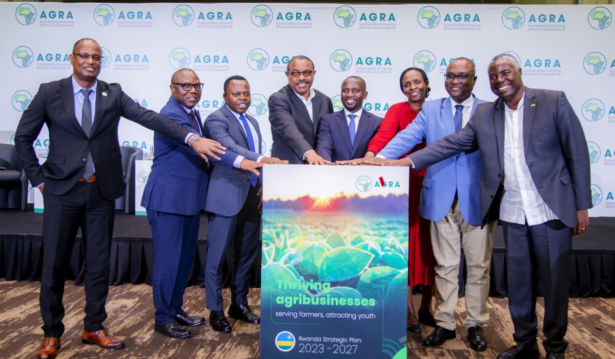 Officials unveil AGRA’s new five-year Rwanda Strategic Plan, on August 14. All photos: Courtesy.