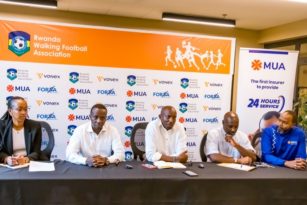 Officials from Rwanda Walking Football association during a press conference in Kigali. Courtesy