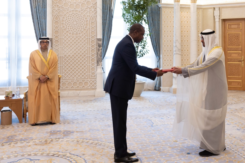 Ambassador Extraordinary and Plenipotentiary of Rwanda to the United Arab Emirates, John Mirenge presents his letters of credence  to President Sheikh Mohamed bin Zayed Al Nahyan on Wednesday, August, 16.