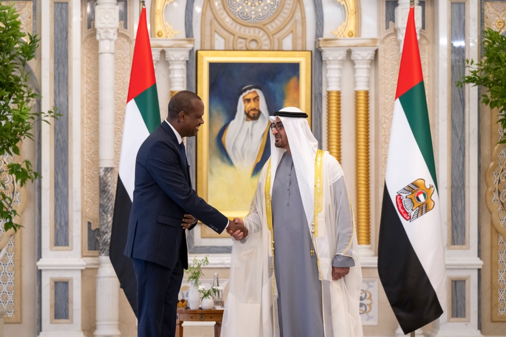 Ambassador Extraordinary and Plenipotentiary of Rwanda to the United Arab Emirates, John Mirenge presents his letters of credence  to President Sheikh Mohamed bin Zayed Al Nahyan on Wednesday, August, 16. COURTESY