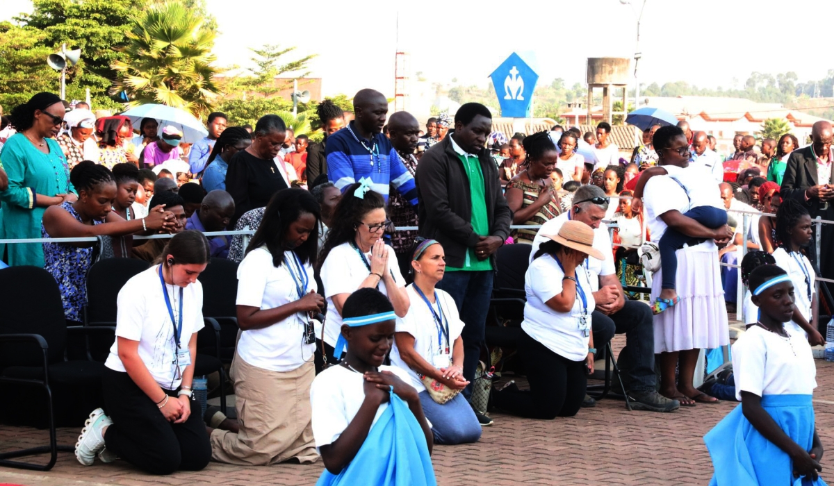 Some of over 50,000 believers during the celebration of the Assumption Day at Kibeho in Nyaruguru District on Tuesday, August 15. Delivering his message to thousands of pilgrims  from various nations, Mgr Celestin Hakizimana, Bishop of the Catholic Diocese of Gikongoro, urged them to emulate the Virgin Mary, whom he said experienced temptations and severe sufferings but remained faithful to God. Courtesy