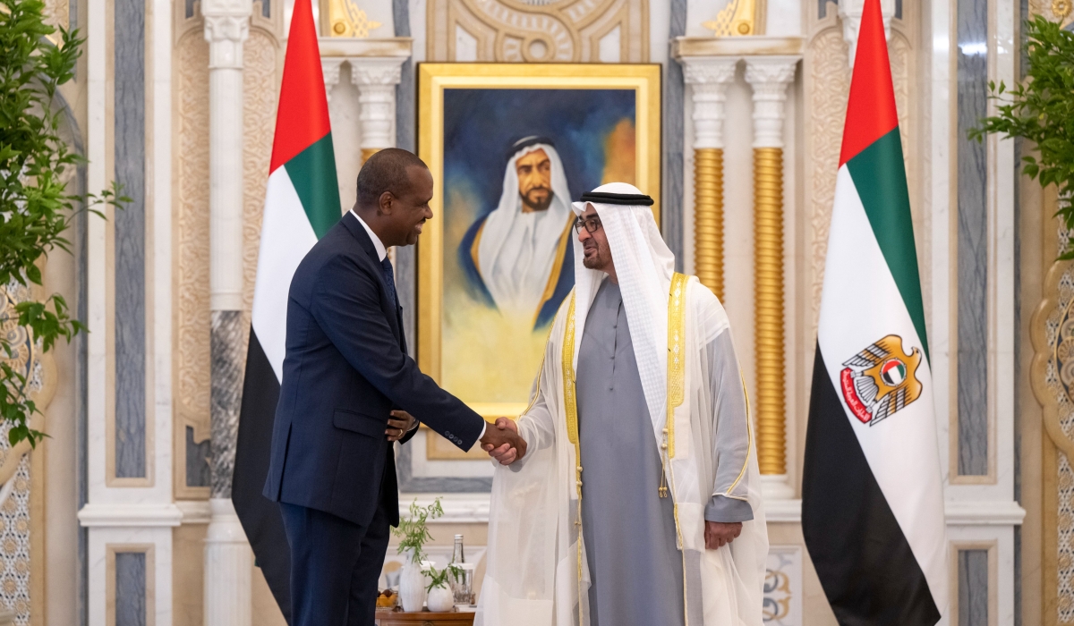 Ambassador Extraordinary and Plenipotentiary of Rwanda to the United Arab Emirates, John Mirenge presents his letters of credence  to President Sheikh Mohamed bin Zayed Al Nahyan on Wednesday, August, 16. COURTESY