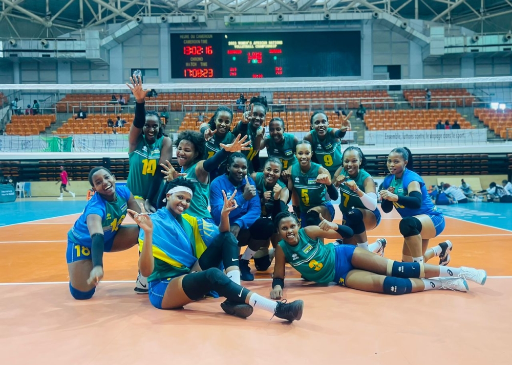 National Volleyball team players celebrate after beating Lesotho  in the ongoing African Women Nations Volleyball Championship. Courtesy