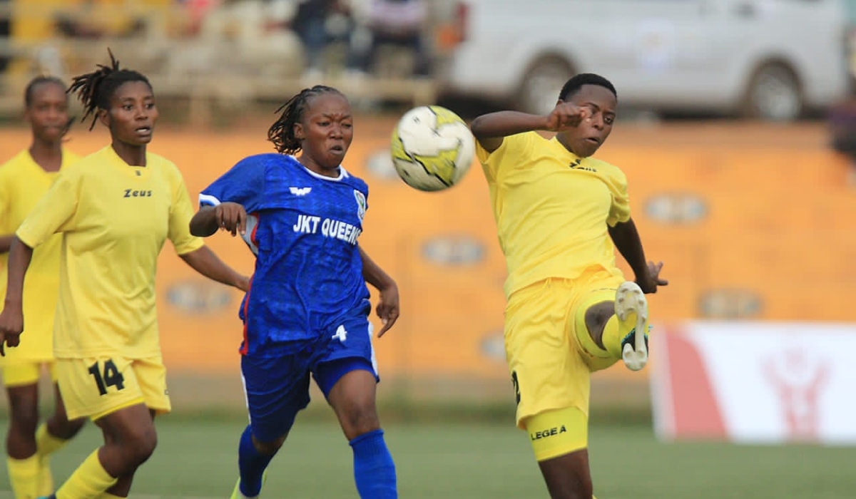 AS Kigali women&#039;s team striker Diane Nyirandagijimana tries a ball kick during the game that they lost by 2-1. Courtesy
