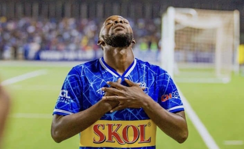 Rayon striker Charles Bbaale celebrates after scoring the opener against Gasogi