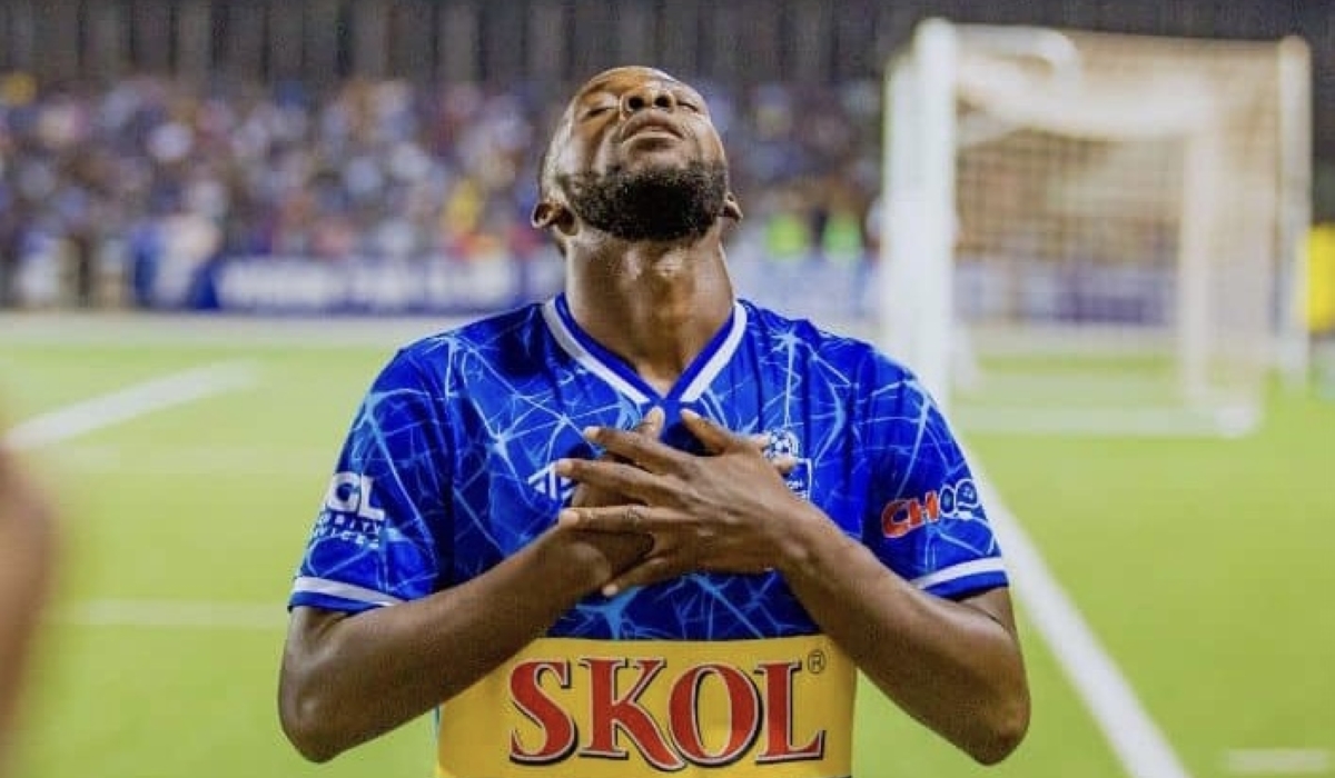 Rayon striker Charles Bbaale celebrates after scoring the opener against Gasogi