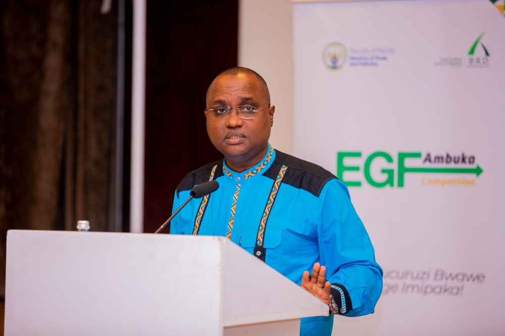 Minister of Trade Jean Chrysostome Ngabitsinze speaks at the event as  Development Bank of Rwanda and the Ministry of Trade and Industry  launch the EGF Ambuka Competition  on July 14. Courtesy