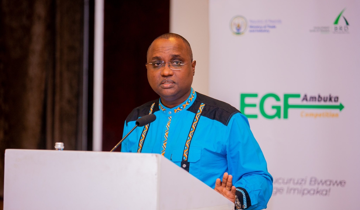 Minister of Trade Jean Chrysostome Ngabitsinze speaks at the event as  Development Bank of Rwanda and the Ministry of Trade and Industry  launch the EGF Ambuka Competition  on July 14. Courtesy