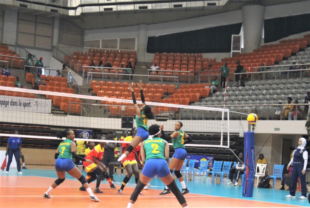 National volleyball team during the game against Uganda on Saturday. Photo by Peter Kamasa