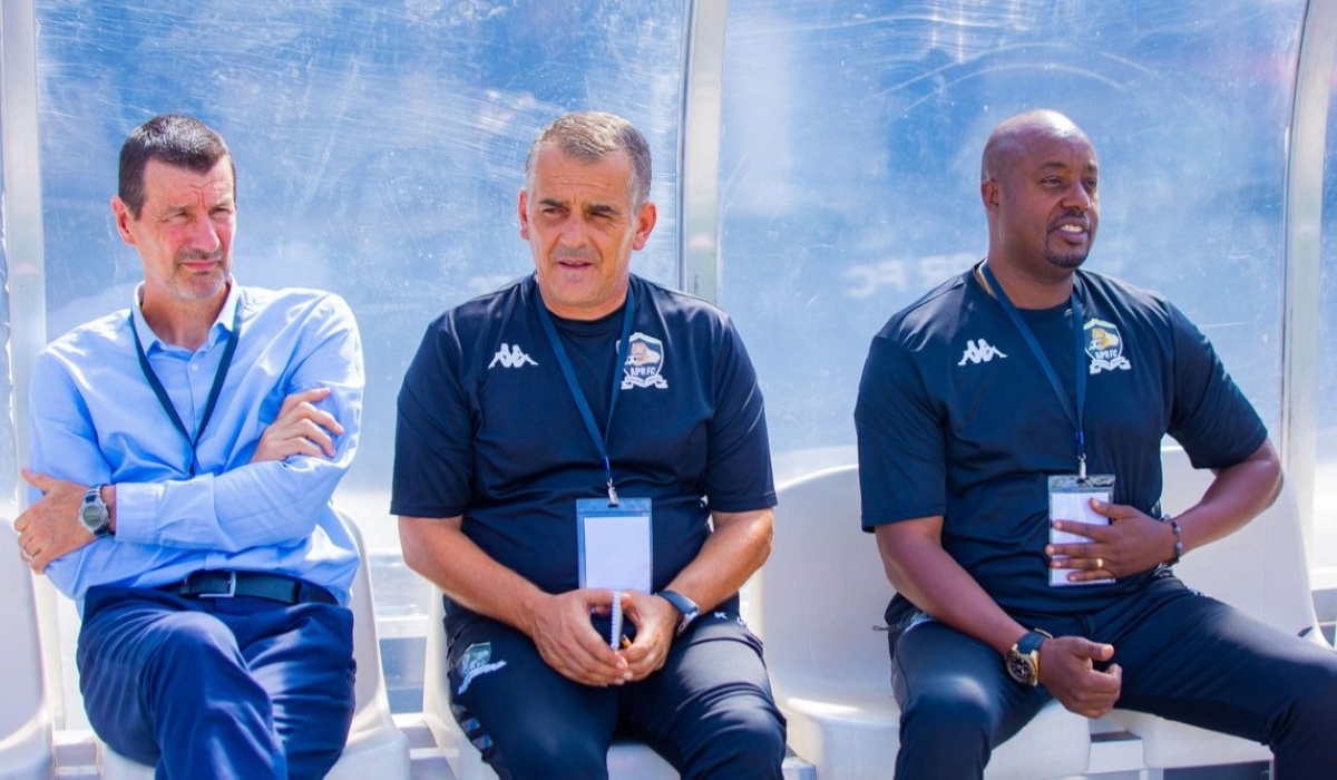 APR FC  head coach Thierry Froger (Left) with his assistants during a 1-1 draw with Somalian minnows Gaadiidka FC at the Kigali Pele Stadium on Saturday, August 19 in the CAF Champions League preliminary round first leg. Courtesy