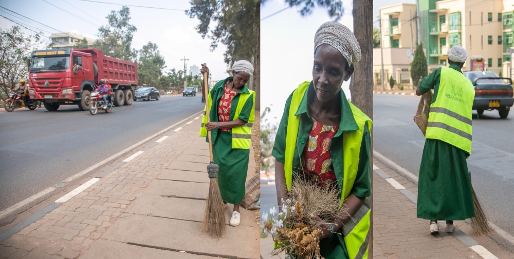 The 58-year-old Marie Goretti Uzabakiriho during her job of cleaning streets in Kigali at Gishushu. Photos by Willy Mucyo