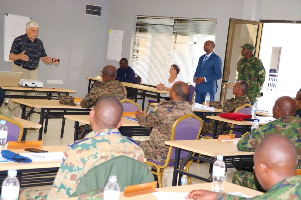 Lt Gen (rtd) Romeo Dallaire gives a lecture to the East African military officers attending a training at the Musanze-based Rwanda Peace Academy.