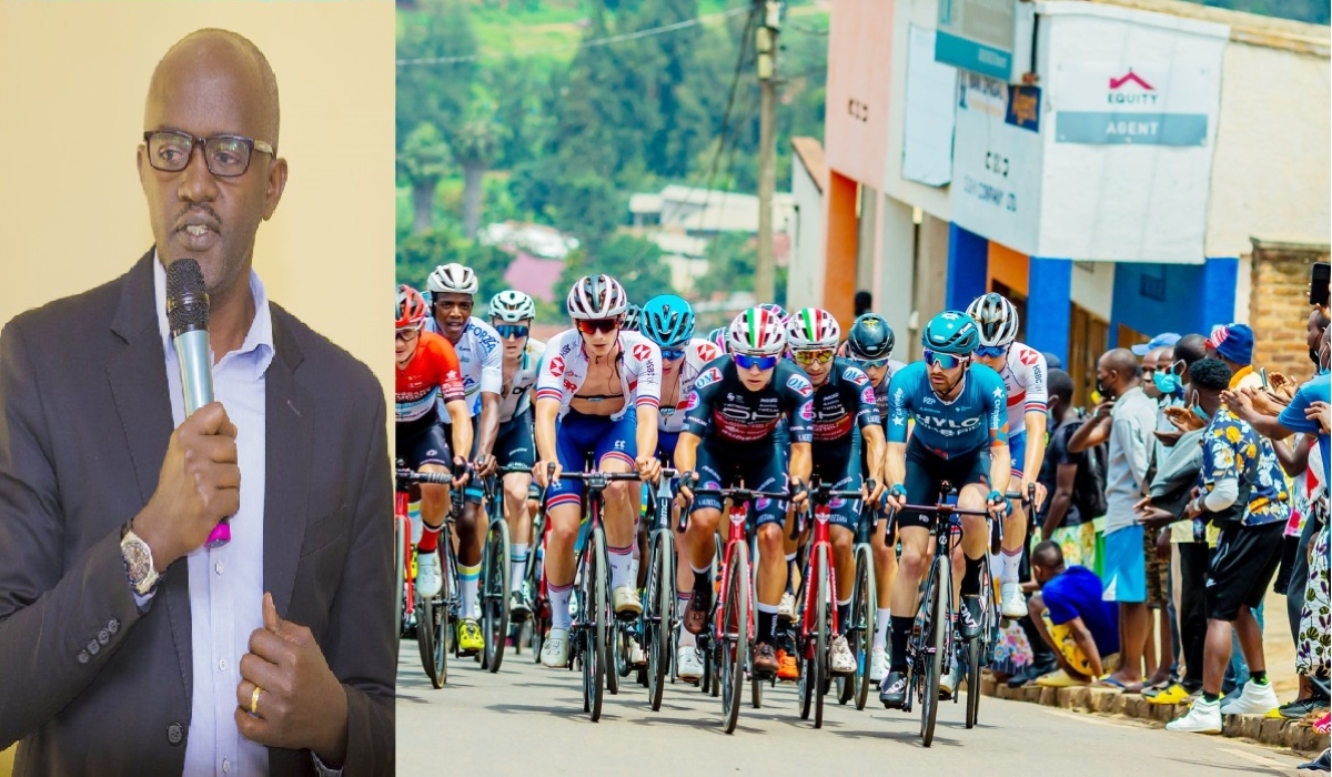 A collage of Ferwacy executive director Alphonse Nkuranga and a peloton during  the 2022 edition of Tour du Rwanda. File