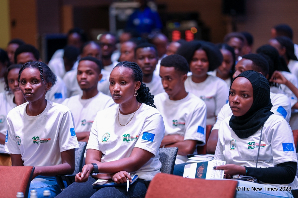 Over 2,000 youth follow President Kagame&#039;s remarks at the 10-year anniversary of Youth Connekt held at Intare Conference Arena on August 23. Photo by Olivier Mugwiza