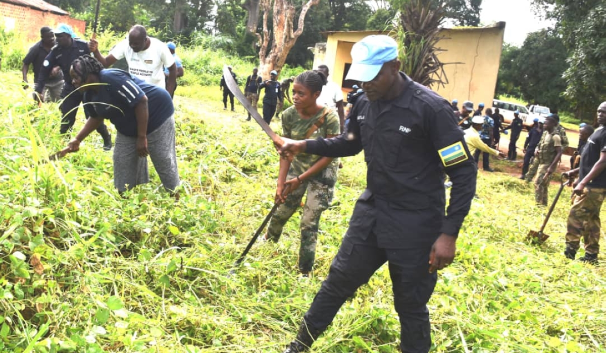 Rwanda Formed Police Unit Three (RWAFPU-3) deployed in Bangassou joined residents the local residents of Ngombe village, Mbomou Prefecture in a communal work, Umuganda. Courtesy
