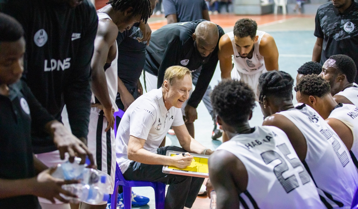 APR basketball club coach Mazen Trakh gives instructions to his players during the game.Trakh’s side beat Patriots 70-63 on Friday night, August 25, at BK Arena to lead the series 2-0 and go a win a way from advancing to the finals.. All photos by Dan Gatsinzi