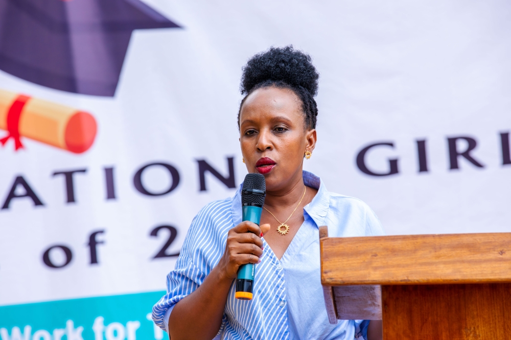 Ruth Mukakimenyi, a representative from the Mastercard Foundation, delivers her remarks during the graduation ceremony in Gatsibo District on August 25