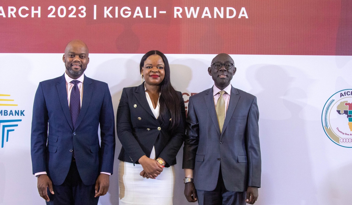 Wamkele Mene, Secretary General of the African Continental Free Trade Area (AfCFTA), Marlene Ngoyi, CEO of Fonds pour le développement des exportations en Afrique (FEDA) with Denis Karera, EABC Vice Chairperson after the signing ceremony of the $10 billion Adjustment Fund in Kigali on March 10. File

