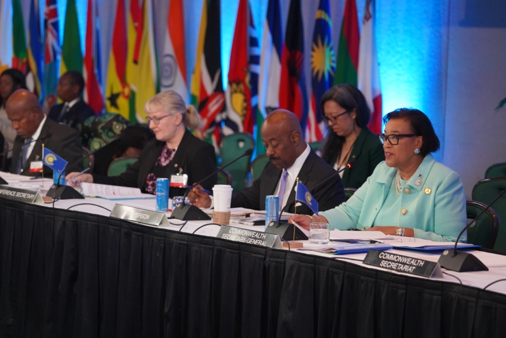 Patricia Scotland KC with delegates discuss measures to end gender inequality in several priority areas during the 13th Commonwealth Women’s Affairs Ministers Meeting in Bahamas on August 22. COURTESY