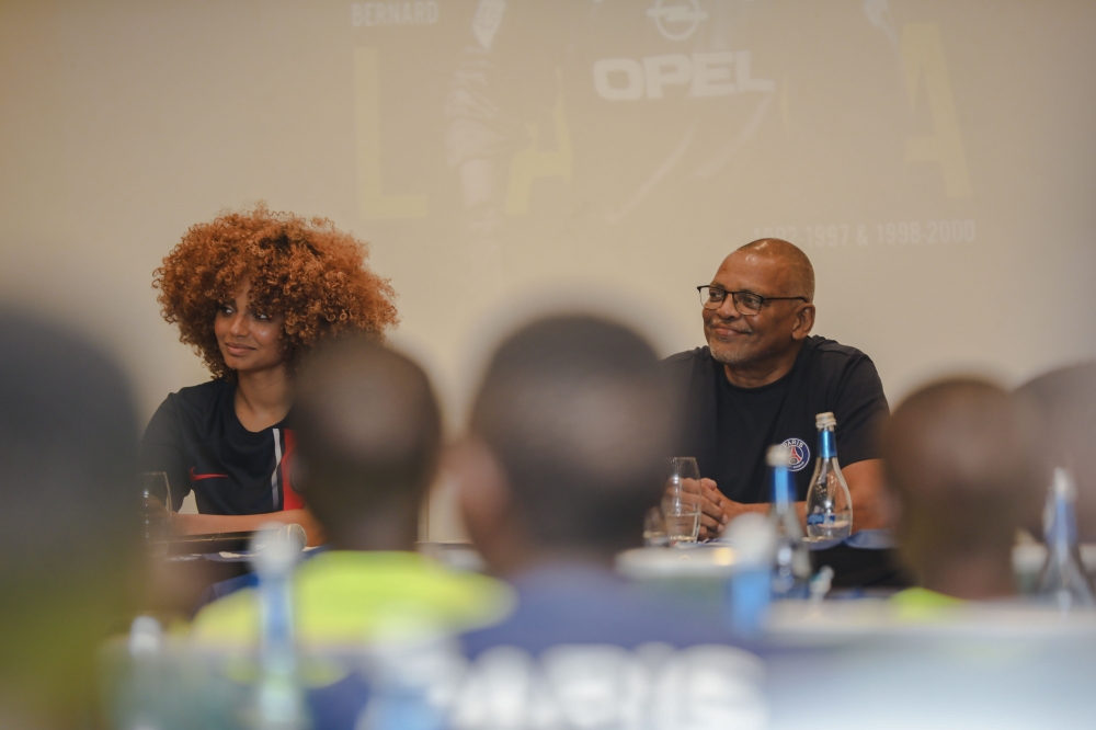 Former Paris Saint-Germain goalkeeper Bernard Lama speaks to journalists in Kigali on August 30. PHOTO BY CHRISTIANNE MURENGERANTWARI