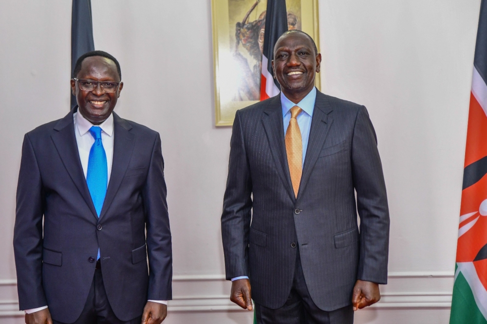 Rwanda’s High Commissioner to Kenya, Martin Ngoga and the President of Kenya, William Samoei Ruto  during the presentation of his letters of credence on Friday, September 1,.
