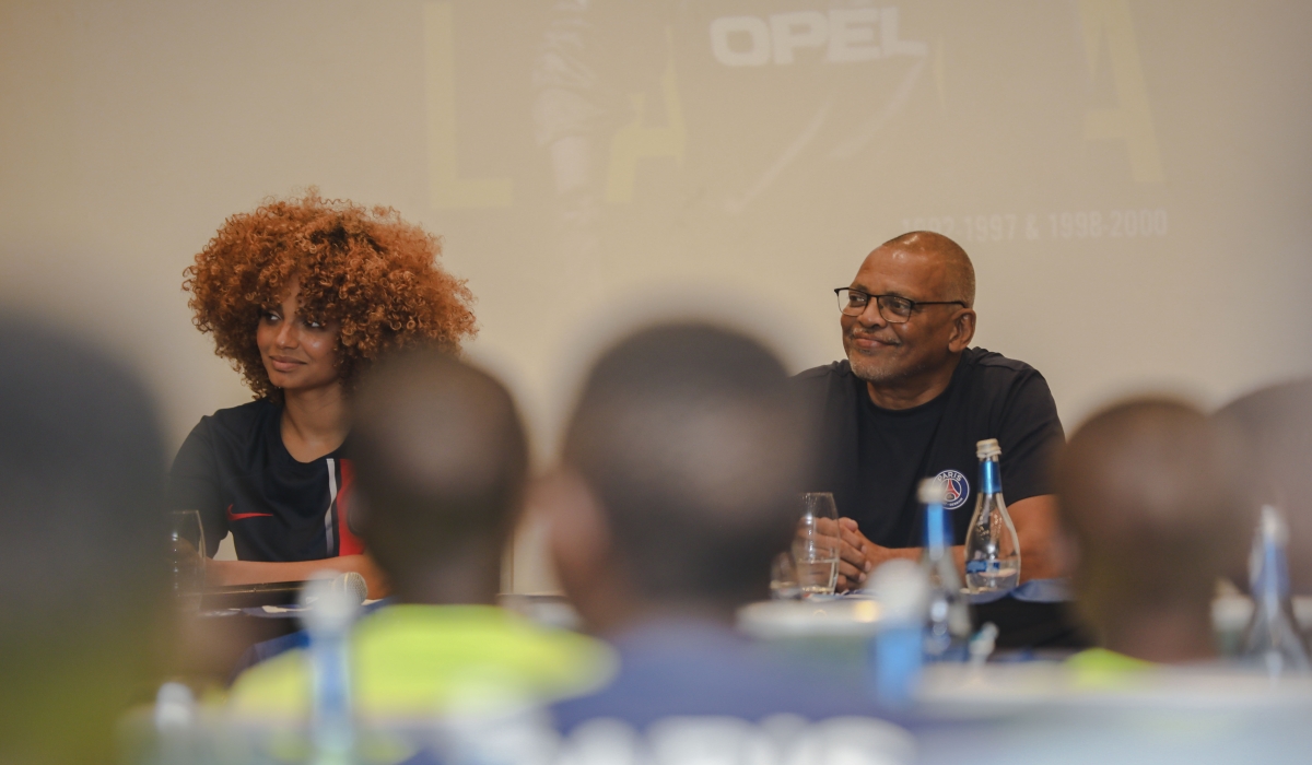 Former Paris Saint-Germain goalkeeper Bernard Lama speaks to journalists in Kigali on August 30. PHOTO BY CHRISTIANNE MURENGERANTWARI