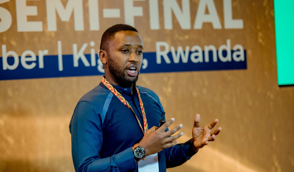 Albert Munyabugingo, CEO and co-founder of Vuba Vuba Africa, presents his project during the 2023 Africa&#039;s Business Heroes semi-finals in Kigali on Friday, September 1. He is the fifth Rwandan entrepreneur to win ABH funding.