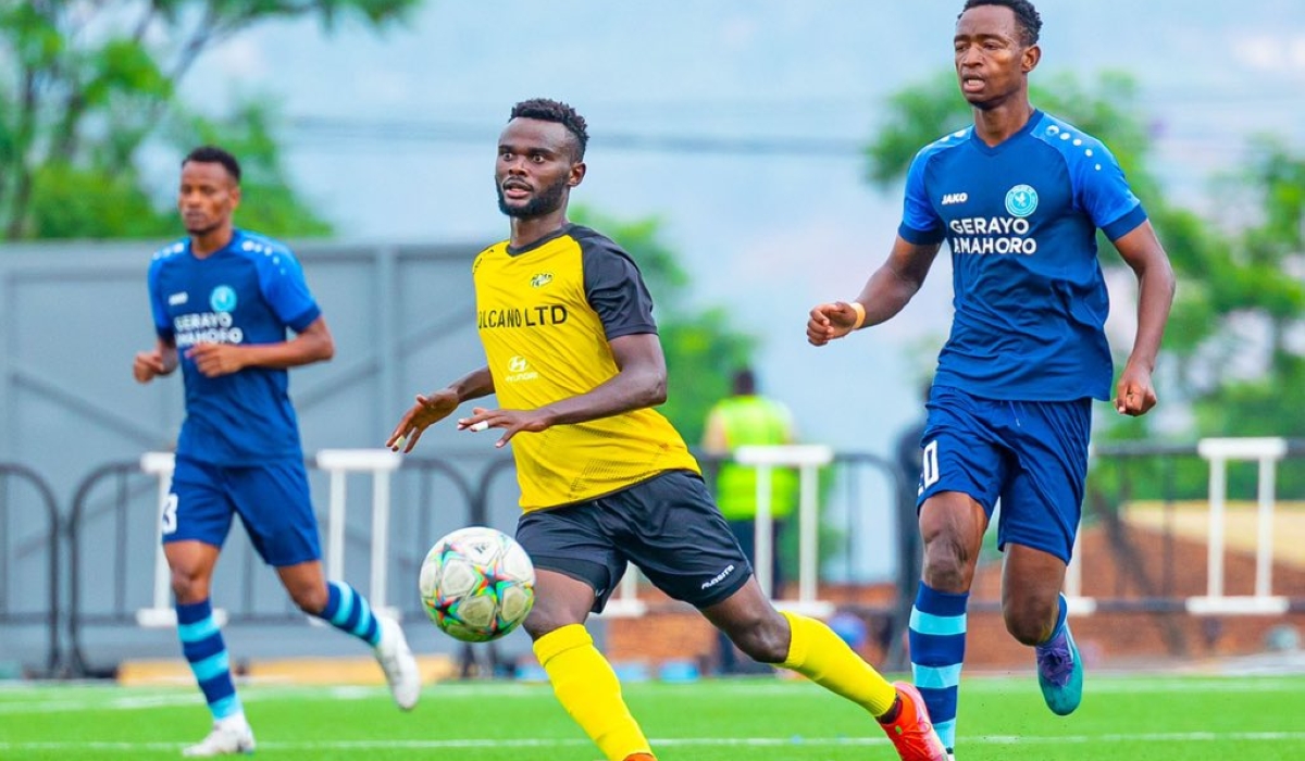 Mukura VS&#039;s Djabel Imanishimwe with the ball during the game.