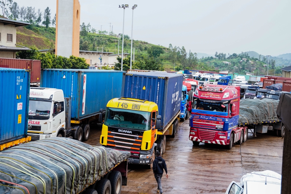 Cross-border tracks that transport goods from Dar es Salaam to Kigali at Rusumo. File