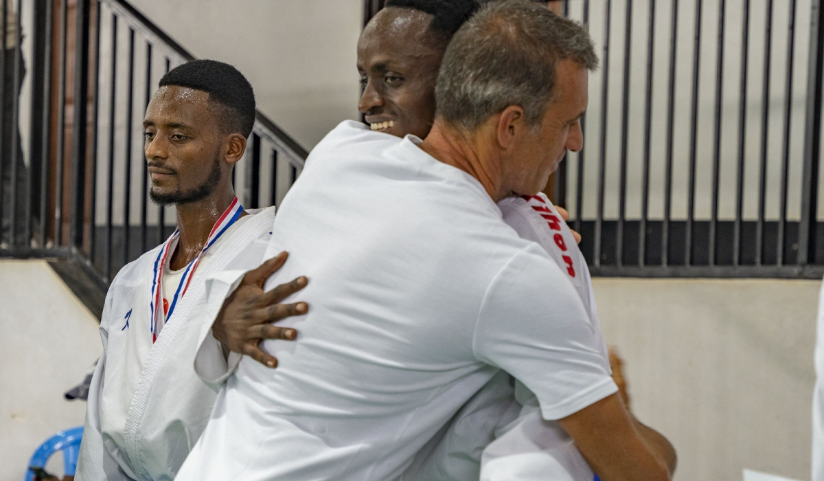 French Karate legend Christophe Pinna hugs Fiston Ntwali who was crowned champion of the first ever Grand Prix on Sunday, September 3, 2023.