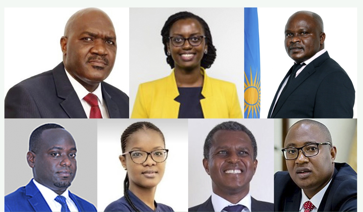 (L-R) The newly appointed officials: Lambert Dushimimana, the new governor of the Western Province, Tesi Rusagara, the new Chief Executive of the Agaciro Development Fund, Omar Munyaneza, the new Chief Executive of WASAC group, Armand Zingiro, the new Chief Executive of Rwanda Energy Group, Gisele Umuhumuza, the Managing Director of WASAC, Carpophore Ntagungira, the Chairperson of RURA regulatory board,  Evariste Rugigana, the Director General of the Rwanda Utilities Regulatory Authority (RURA).