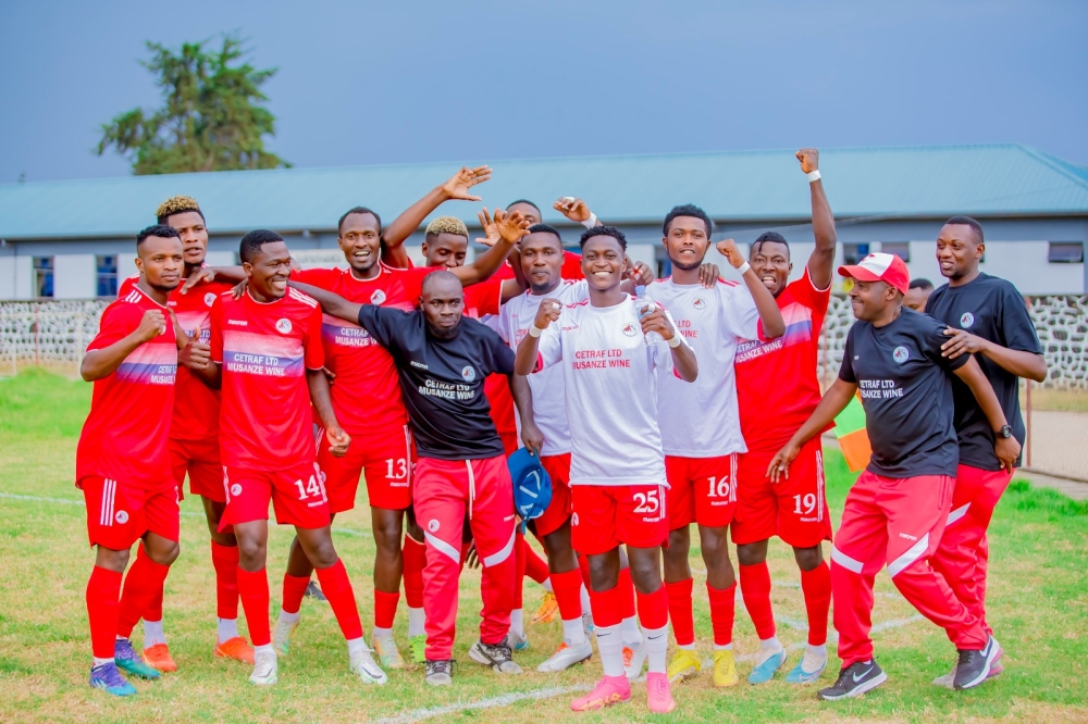Musanze players celebrate their victory after the  Saturday’s 2-1 win over Sunrise at Ubworoherane Stadium. Courtesy