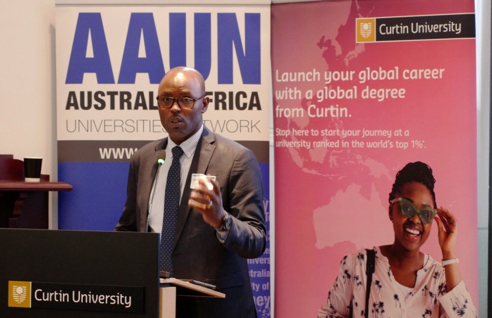 Prof. Didas Kayihura Muganga, Vice Chancellor of University of Rwanda speaks  during an annual meeting themed “Australia Africa Knowledge Teamwork Policies, Priorities, People”, held in Perth, Western Australia on September 4.