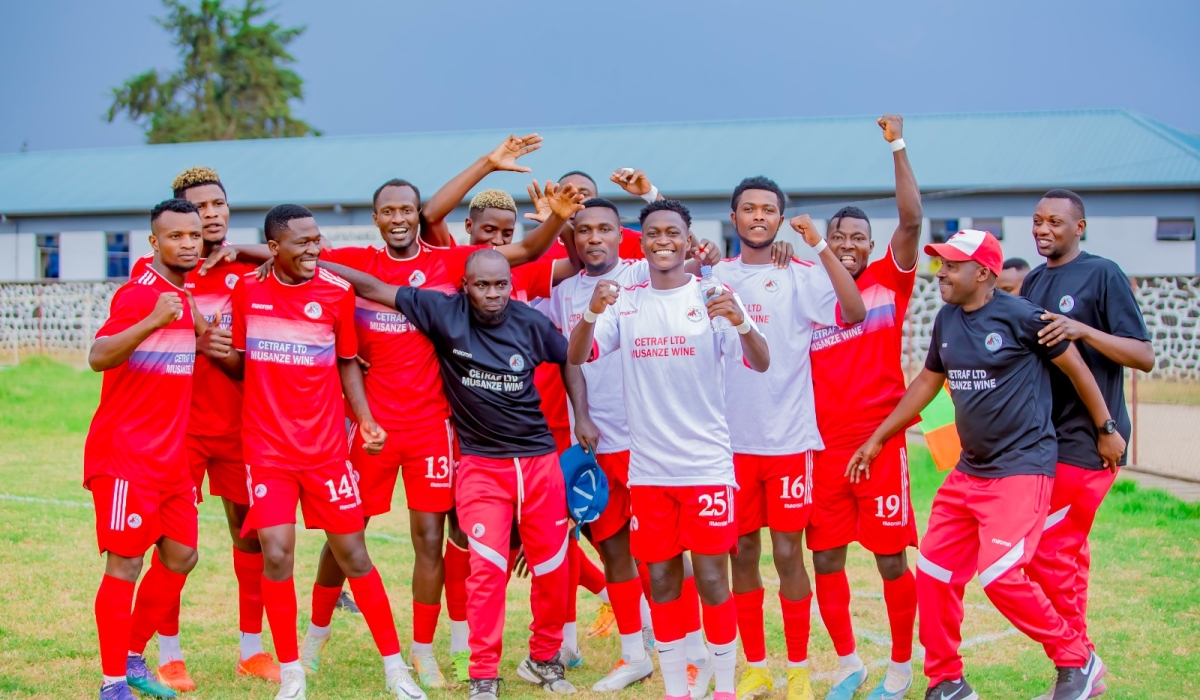 Musanze players celebrate their victory after the  Saturday’s 2-1 win over Sunrise at Ubworoherane Stadium. Courtesy