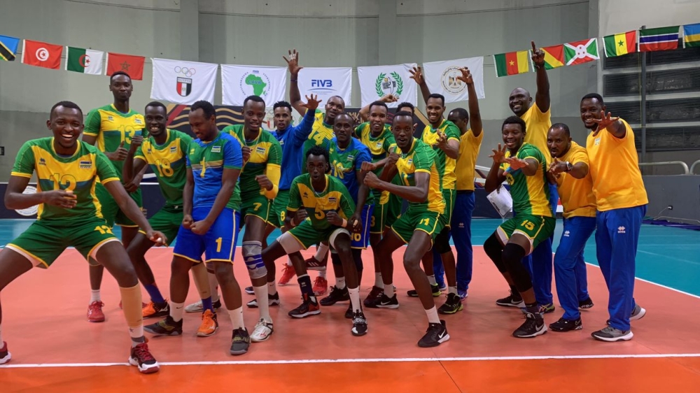 Rwanda national team players celebrate after beating  Senegal in three straight sets at the ongoing African Volleyball Championship in Cairo. Courtesy