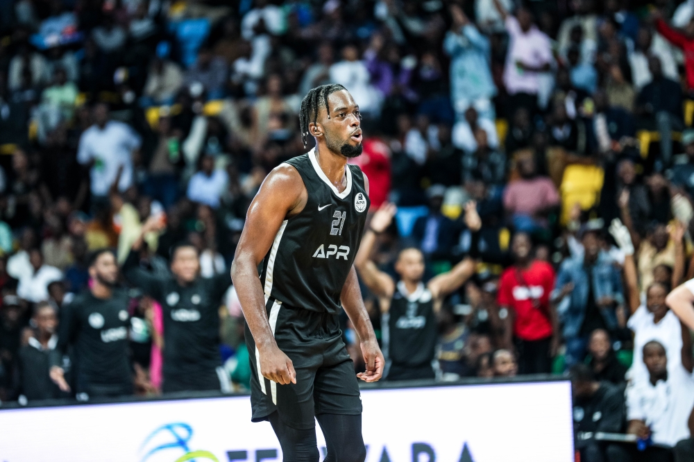 Star power forwad Axel Mpoyo looks excited after his 16-15 double double inspired APR to an 80-75 Game 3 victory over REG on Wednesday night, September 6 at BK Arena-Dan Gatsinzi