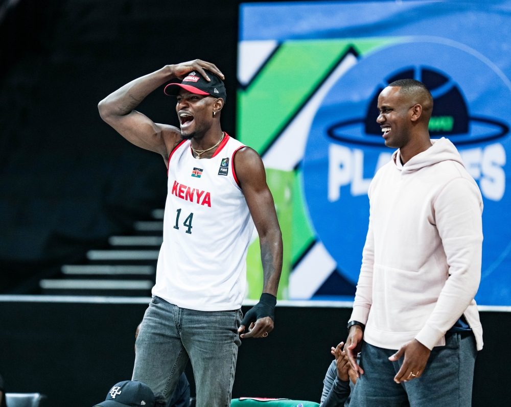 Kenyan Cente Bush Wamukota (L) watched Game 3 from the stands as his side beat REG 80-75 to in Game 3 to lead the series 3-0 and go in pole position to win their first championship since 2009-Dan Gatsinzi