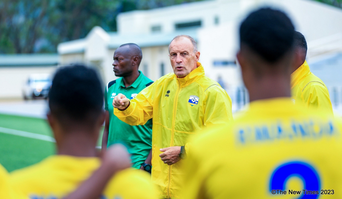 Rwanda caretaker head coach Gerard Buschier  gives instructions to the players during a training session at Kigali Pele Stadium on Wednesday September 6. Olivier Mugwiza