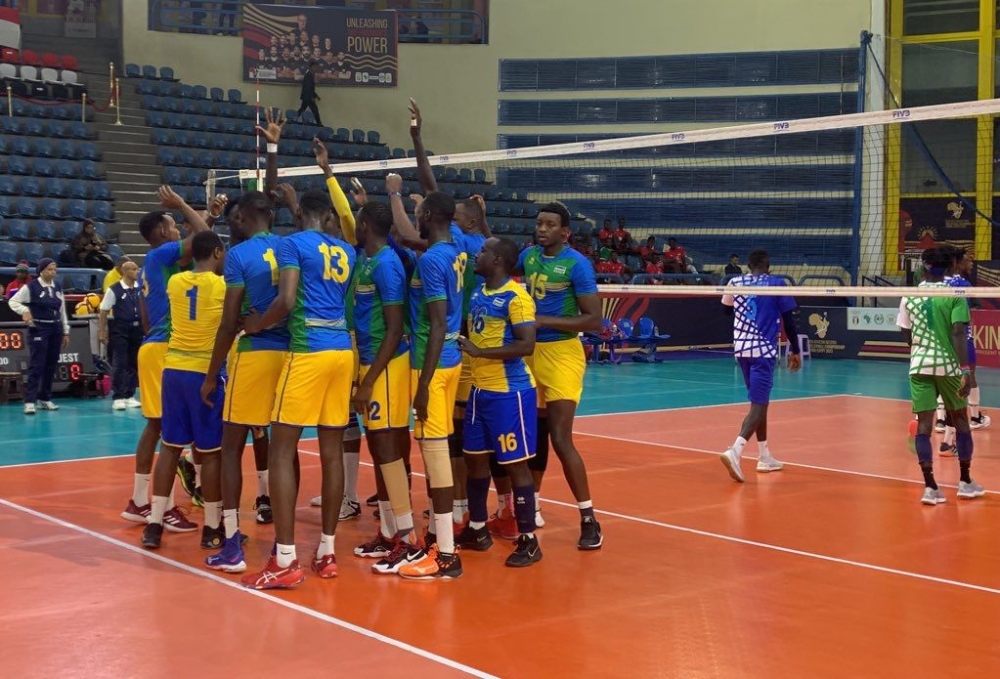 Rwandan team celebrate in a past match at the men’s African Volleyball championship. The team take on Tanzania on Friday, September 8,  in the round of 16-courtesy 
