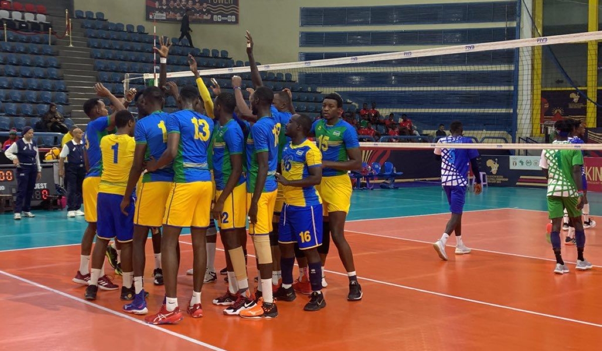 Rwandan team celebrate in a past match at the men’s African Volleyball championship. The team take on Tanzania on Friday, September 8,  in the round of 16-courtesy 