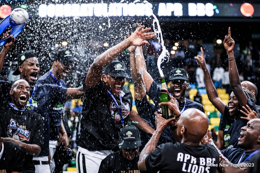 APR BBC players celebrate the victory after beating Rwanda Energy Group (REG)   80-68 to win the title at BK Arena on Friday, September 8. All photos by Dan Gatsinzi Kwizera