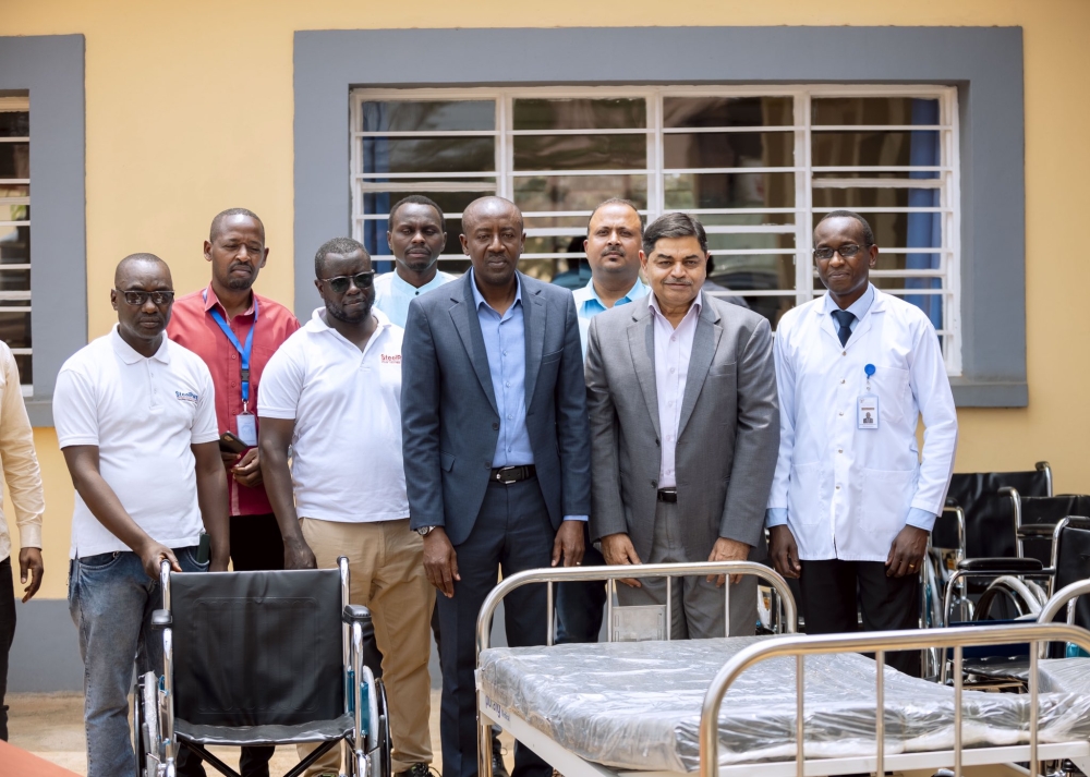 Sandeep Phadnis, the General Manager of SteelRwa with District and Rwamagana hospital officials during the handover of the donation that includes six wheelchairs and six hospital beds, to Rwamagana Hospital on September 8. Courtesy