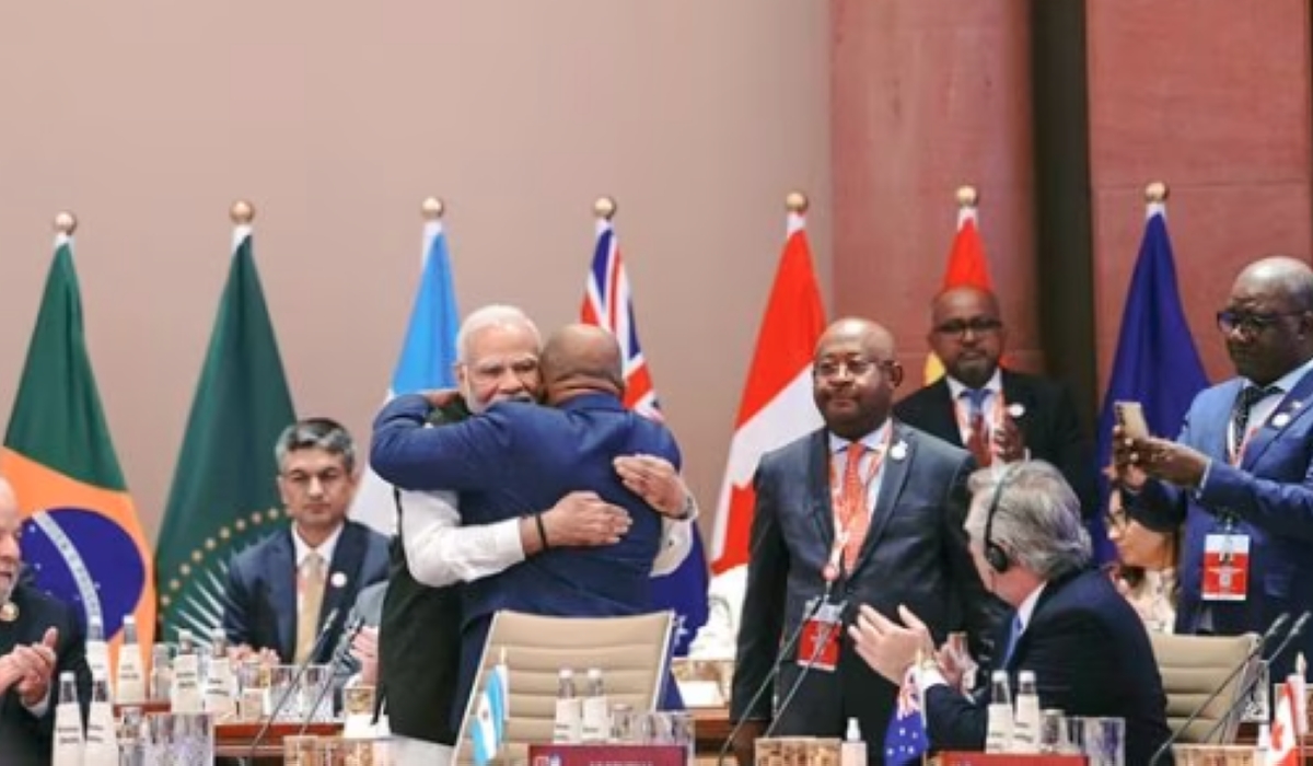 New Delhi: Prime Minister Narendra Modi hugs President of the Union of the Comoros and Chairperson of the African Union (AU) Azali Assoumani as the latter takes his seat after the Union became a permanent member of the G20 during the G20 Summit 2023 at the Bharat Mandapam, in New Delhi, Saturday, Sept. 9, 2023. (PTI Photo) (PTI)