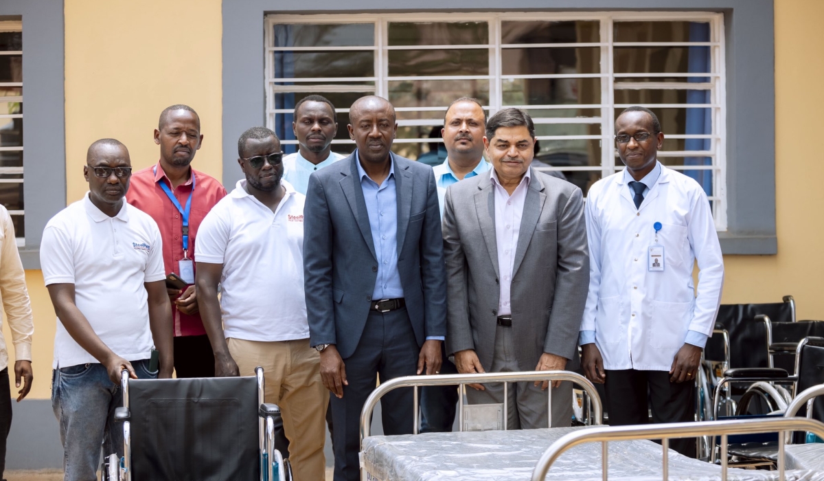 Sandeep Phadnis, the General Manager of SteelRwa with District and Rwamagana hospital officials during the handover of the donation that includes six wheelchairs and six hospital beds, to Rwamagana Hospital on September 8. Courtesy