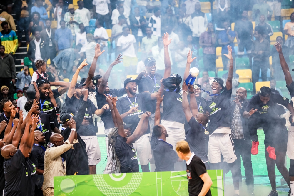 APR BBC players celebrate the victory after beating Rwanda Energy Group (REG) 80-68 to win the title at BK Arena on Friday, September 8. Photo by Dan Gatsinzi Kwizera