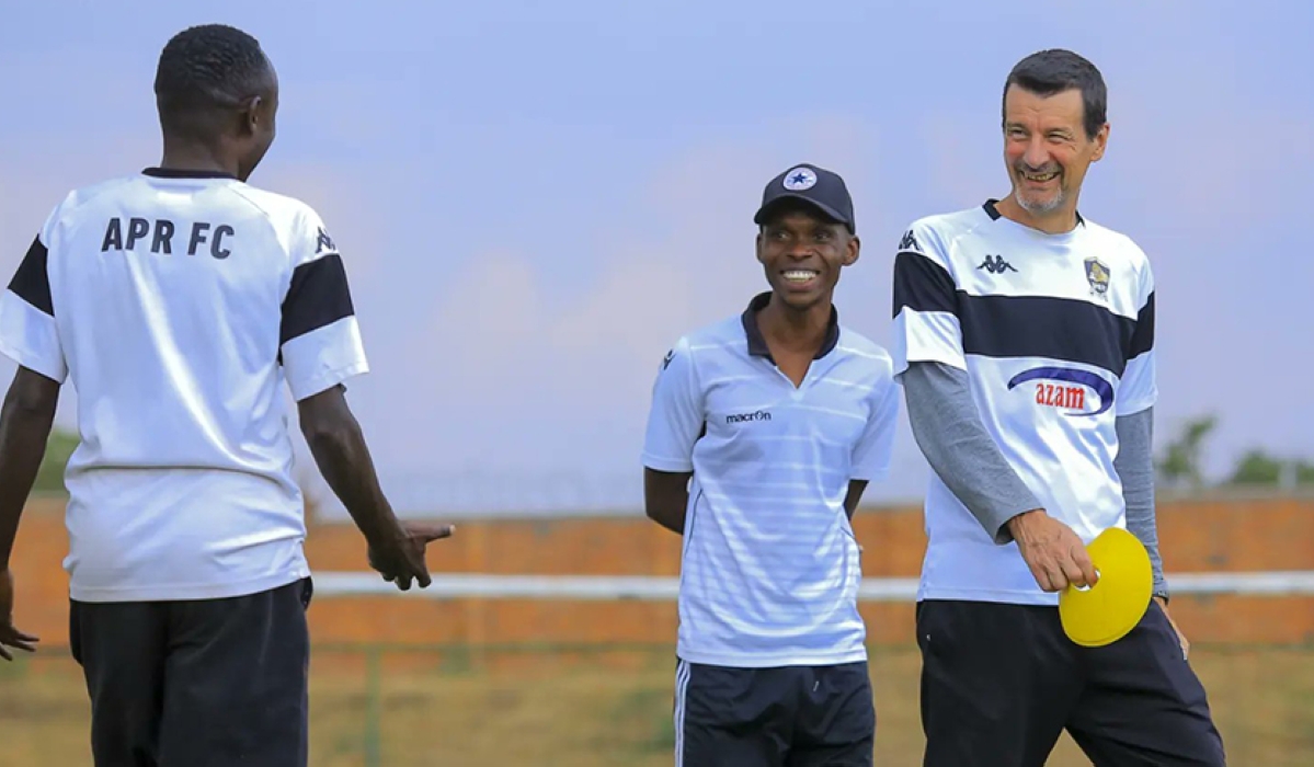 APR head coach Thierry Froger inspects his team during a training session at Shyorongi stadium. Courtesy