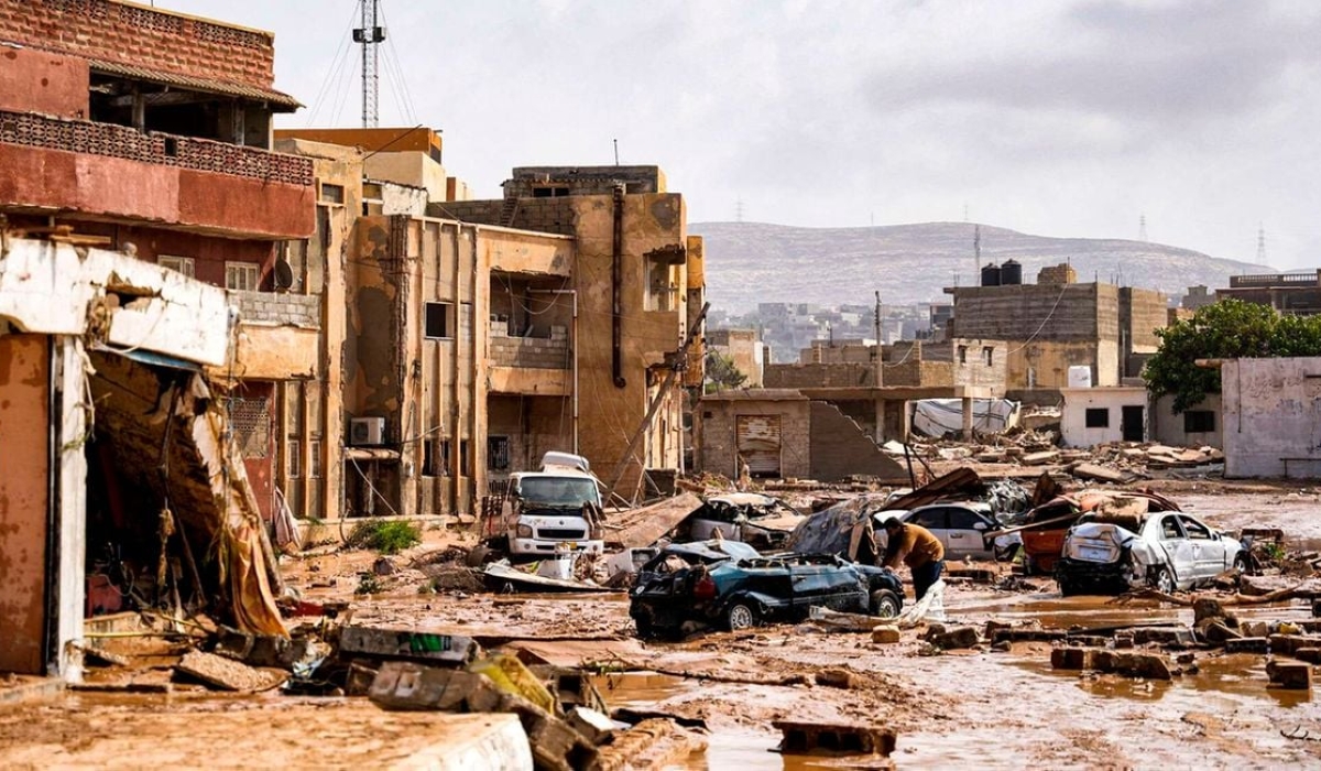 Destroyed vehicles and damaged buildings in the eastern city of Derna, about 290 kilometres east of Benghazi, Libya in the wake of the Mediterranean storm. AFP PHOTO