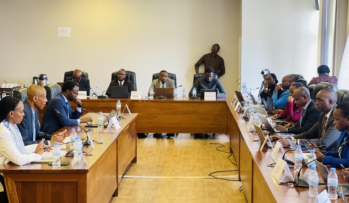 Rwanda FDA Director General, Emile Bienvenu (centre in the left row), makes a point during PAC hearings on September 14, 2023, at Parliamentary Buildings in Kigali (Emmanuel Ntirenganya).