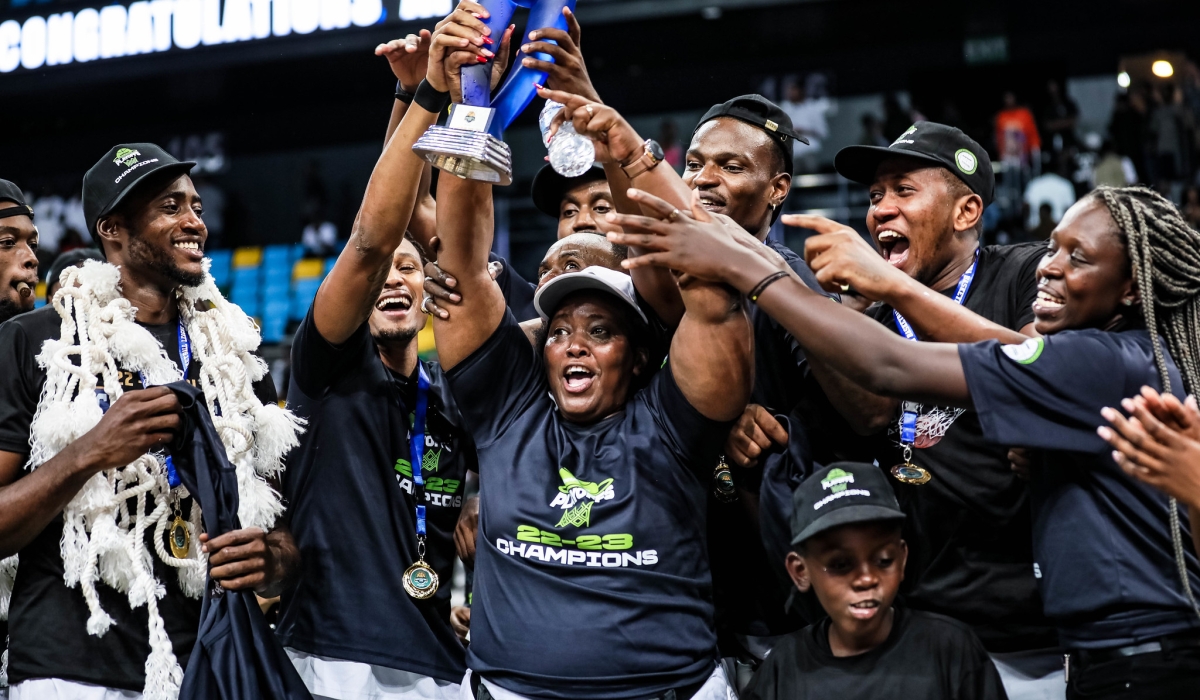 Josie Mpoyo lifts the trophy as she joined APR BBC players to celebrate the title on September 8. Mpoyo&#039;s mother  traveled from Idaho, United States, to support her son Axel Mpoyo, a power forward who helped APR BBC win the 2023 league championship.  All photos by Dan Gatsinzi
